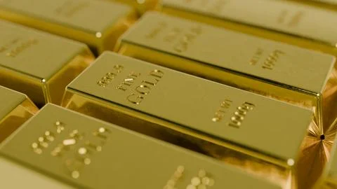 Rows of gleaming gold bars line the surface Illustrazione stock