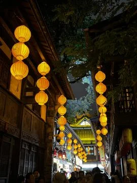 Rows of Glowing Lanterns at Jinli Ancient Street in Chengdu Stock Photos