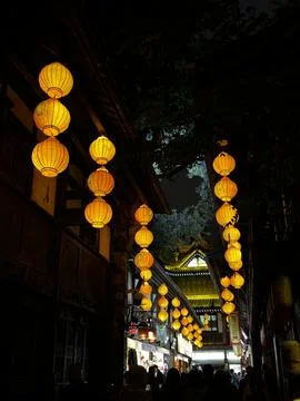 Rows of Glowing Lanterns at Jinli Ancient Street in Chengdu Stock Photos