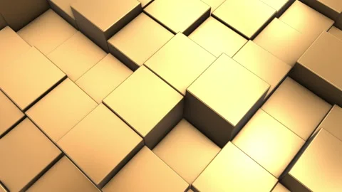 Rows of gold 3D cubes rising and falling. Yellow background with geometric shape Stock Footage 236586494