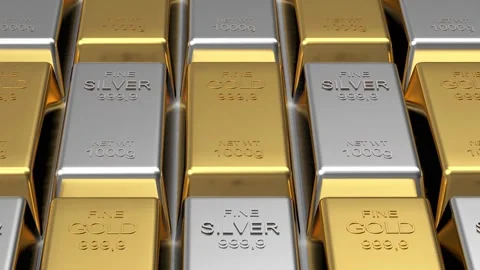 Rows of gold and silver bars Stockbeeldmateriaal 333338816