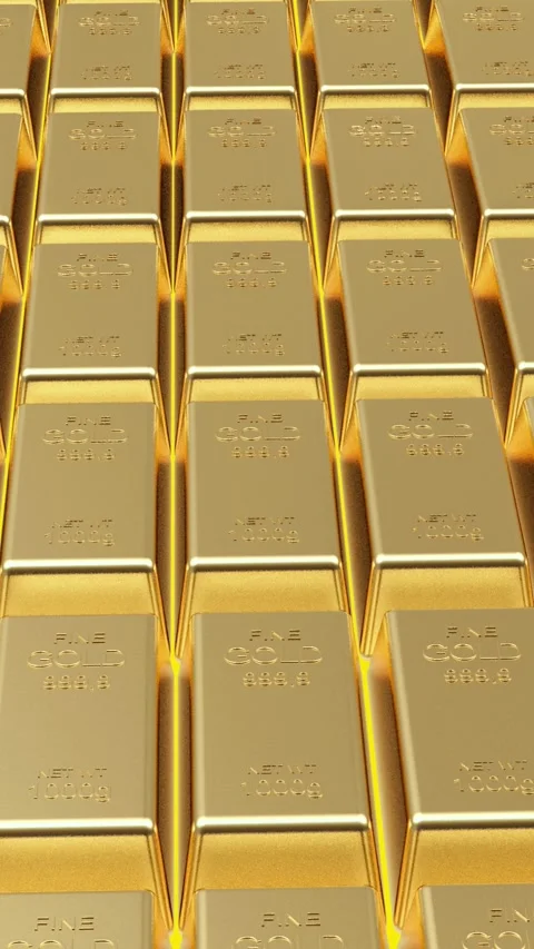 Rows of gold bars, 3D rendering. Видео 335596498