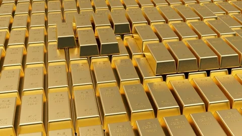 Rows of gold bars and some stacked on top of each other, 3D animation. Stock Footage 334950408