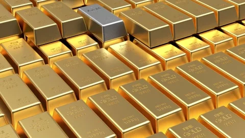 Rows of gold bars with one silver bar, 3D animation. Stock Footage 334950814
