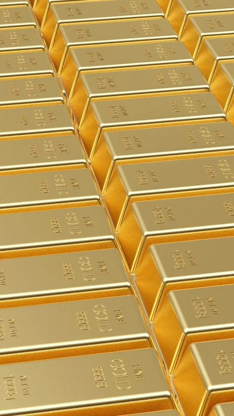 Rows of gold bars rotate as background, 3D rendering. Stock-Footage 335451812