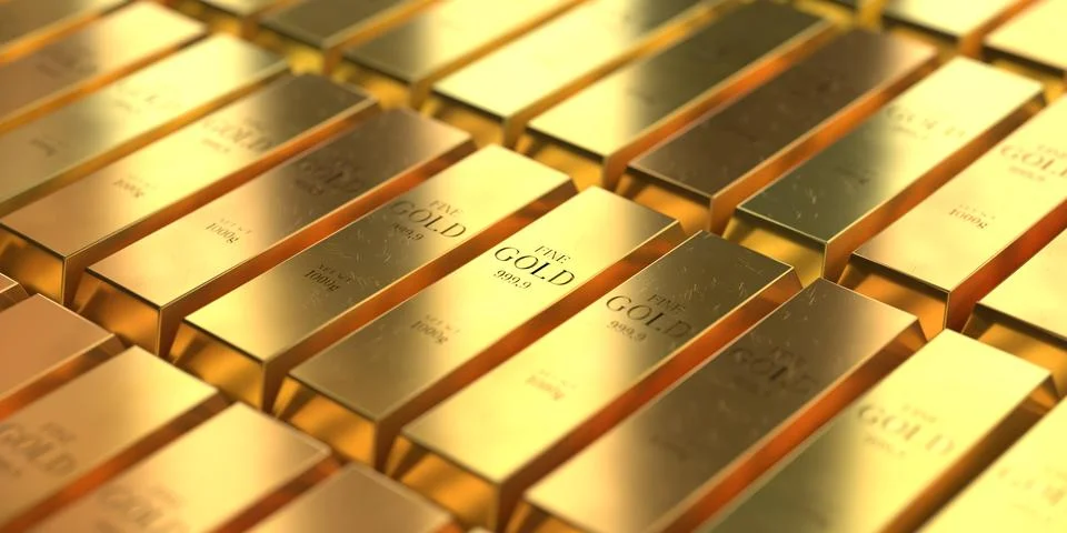 Rows of Gold Bars Under Light - 3d illustration Stock Illustration