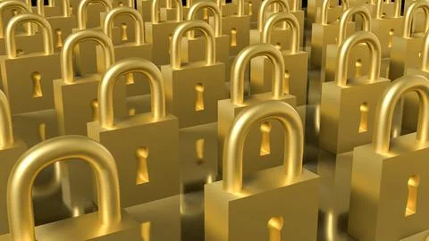 Rows of Golden Padlocks Symbolizing Security and Protection Concept 3d render イラスト素材