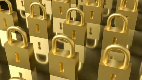 Rows of Golden Padlocks Symbolizing Security and Protection Concept 3d render Stock Illustration