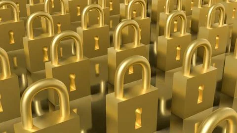 Rows of Golden Padlocks Symbolizing Security and Protection Concept 3d render イラスト素材