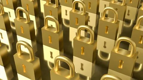 Rows of Golden Padlocks Symbolizing Security and Protection Concept 3d render イラスト素材