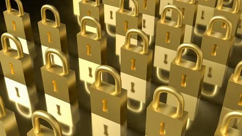Rows of Golden Padlocks Symbolizing Security and Protection Concept 3d render Stock Illustration