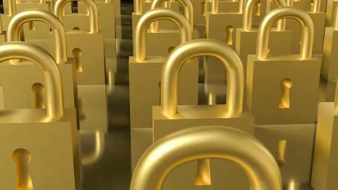 Rows of Golden Padlocks Symbolizing Security and Protection Concept 3d render Stock Illustration