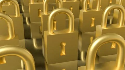 Rows of Golden Padlocks Symbolizing Security and Protection Concept 3d render 库存插图