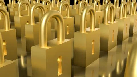 Rows of Golden Padlocks Symbolizing Security and Protection Concept 3d render イラスト素材