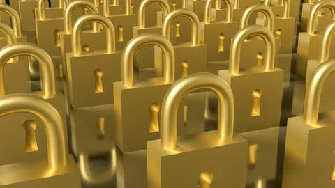 Rows of Golden Padlocks Symbolizing Security and Protection Concept 3d render 库存插图