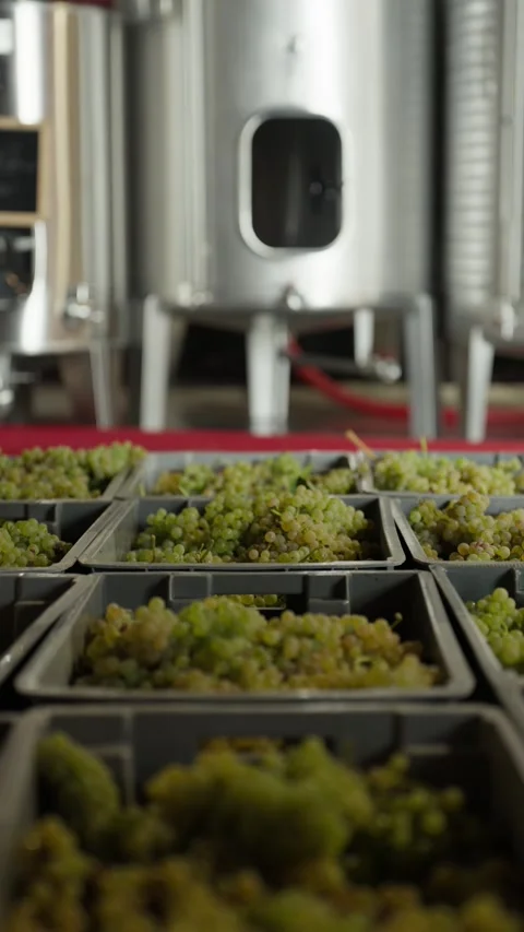 Rows of Grape Crates Waiting for Pressing Before Winery Fermentation Tanks Stock Footage 344437478