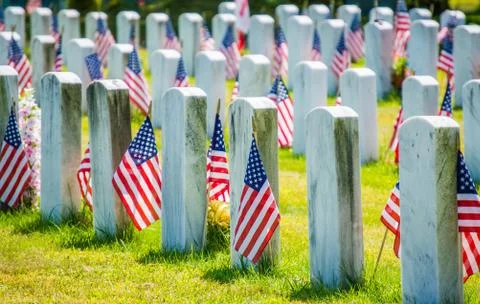 Rows of grave markers with American flags Stock Photos