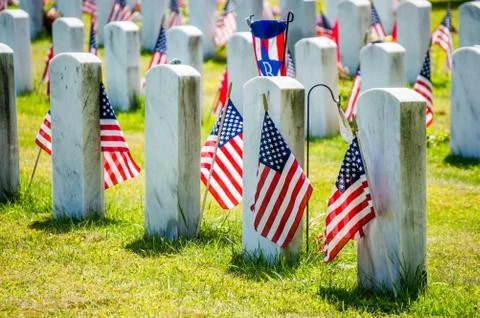 Rows of grave markers with American flags Stock Photos