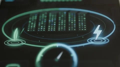 Rows of green server lights occupy an oval ring between a leaf icon Stock Footage 343373015