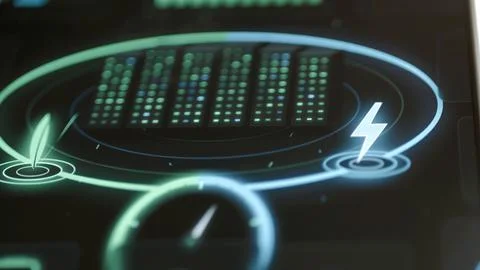 Rows of green server lights occupy an oval ring between a leaf icon 库存照片