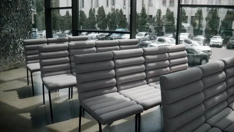 Rows of grey empty chairs in the room before wedding ceremony. Stock Footage 273608617