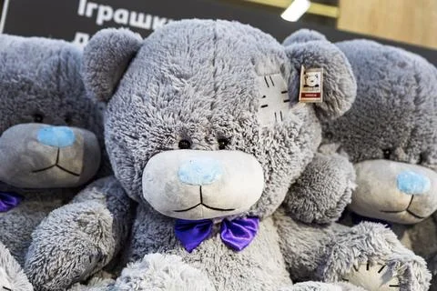 Rows of grey teddy bear plush toys on a store shelf Stock-Fotos