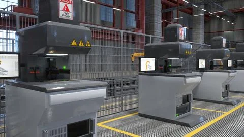 Rows of high voltage machines in warehouse respecting safety measures, 3D render Stock Illustration