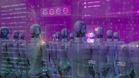 Rows of Humanoid Robots with Artificial Intelligence HUD Stock Footage 337732851