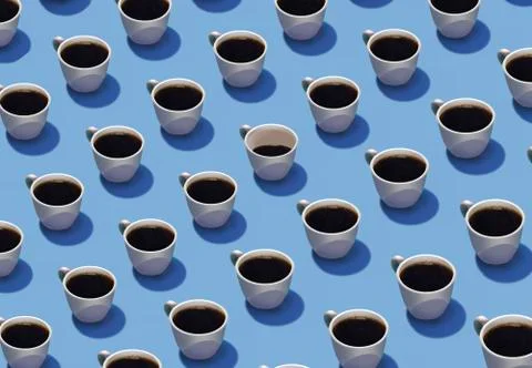 Rows of identical cups of coffee are full but one cup is nearly empty.  Illus Stock Illustration