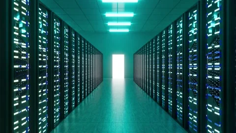 Rows of illuminated server racks form a symmetrical corridor inside Video stock 347694336