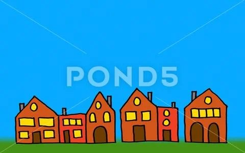 Rows of illustrated colorful houses on blue background Stock Illustration