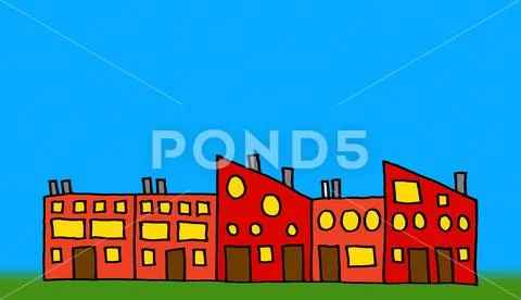 Rows of illustrated colorful houses on blue background Stock Illustration
