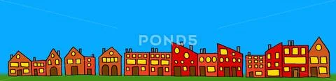 Rows of illustrated colorful houses on blue background Stock Illustration