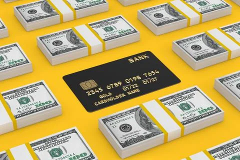 Rows of Isometric Stack One Hundred Dollar Bills with Black Plastic Golden Cr Stock Illustration