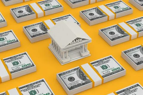 Rows of Isometric Stack One Hundred Dollar Bills with Bank Building. 3d Rende Fotos de archivo