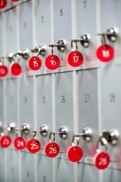 Rows of keys in safety deposit boxes Stock Photos