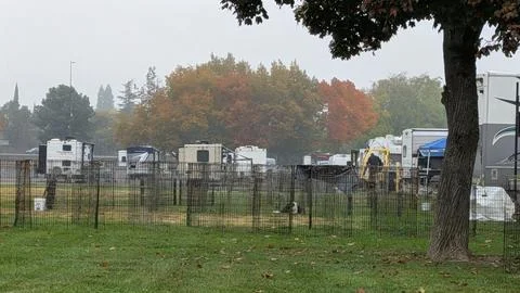 Rows of large pet cages and RVs at a major dog show Stockfoto's
