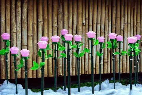 Rows of LED artificial pink rose lights in illuminated garden on artificial.. Stock Photos