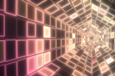 Rows of luminous rectangular panels in pink, peach, and pale gold converge .. Stock Illustration