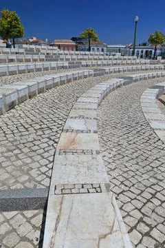 Rows of marble stands of open air theatre - Praça da Republica square. Tavira-PT Stock Photos
