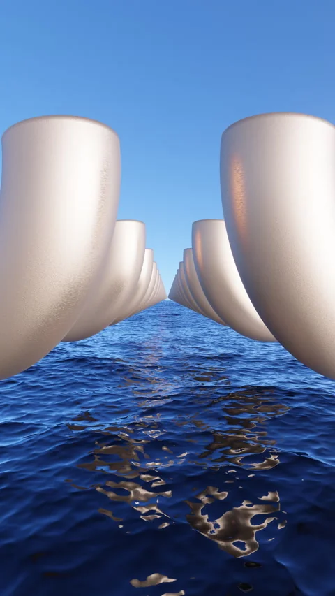 Rows of metal objects rotate over the sea Stock Footage 257049491