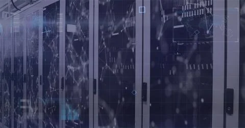 Rows of modern server racks with digital data overlays suggesting data center Stockfoto's
