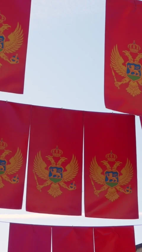Rows of Montenegrin bunting flags strung overhead for a street festival Stock Footage 346982583