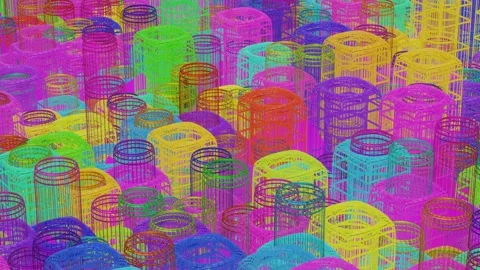 Rows of multi-colored wireframe rectangles rise and fall. looped abstract animat Stock Footage 158441674