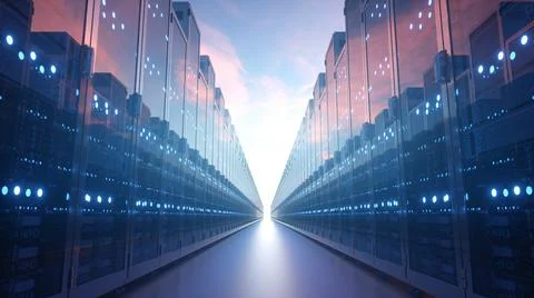 Rows of network servers against blue sky with clouds. Cloud computing and Stock Illustration