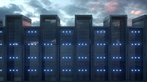 Rows of network servers against blue sky with clouds. Cloud computing and com Stock Illustration