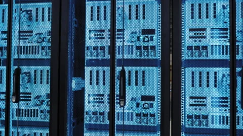 Rows of Network Servers in a Secure Data Center Facility Stock Footage 348831885