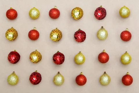 Rows of New Year tree decorations laid. Festive Stock Photos