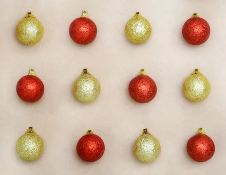 Rows of New Year tree decorations laid. Festive Stock Photos