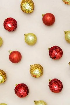 Rows of New Year tree decorations laid. Festive Stock Photos